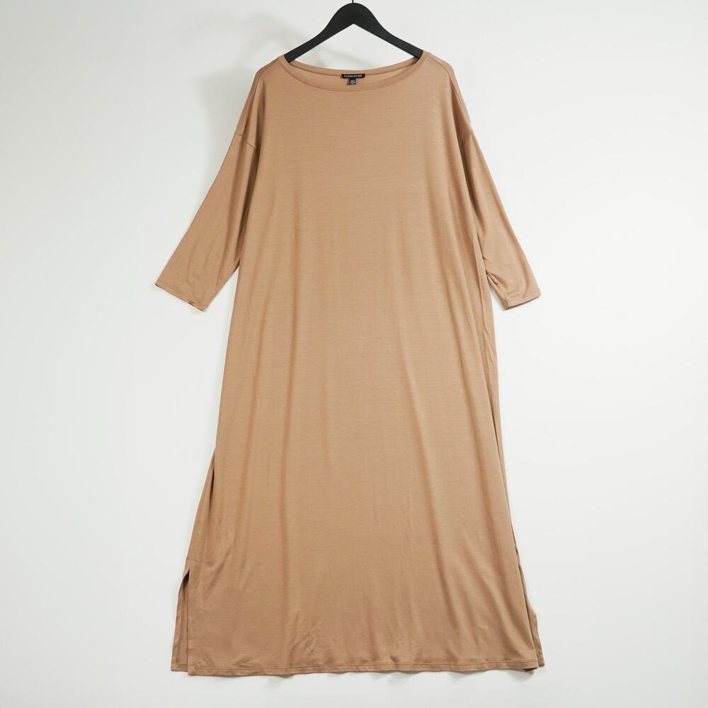 Eileen Fisher beige Lightweight Jersey Dress Round Neck S (Fits L) Made in USA